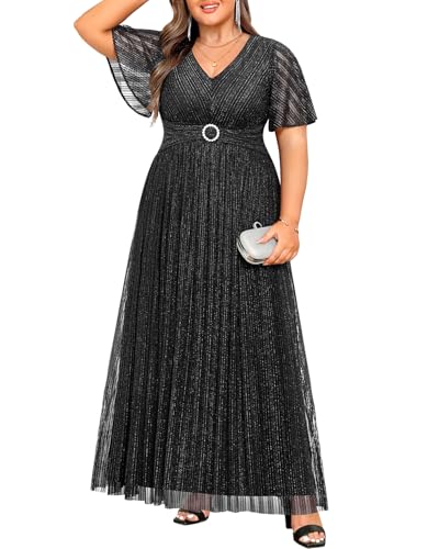 Image of Pinup Fashion Plus Size Formal Evening Glitter Prom Wedding Guest Dress | Silver thread straight knit, v-neck, empire waist, back zipper, a-line, maxi long, perfect for evening party, wedding guest