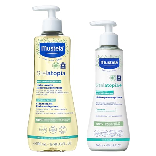 Image of Mustela Stelatopia Eczema-Prone Skin Bath Time Gift Set - Family Skin Care Essentials - Natural Avocado & Sunflower Oil - EWG Verified - 2 Items Set - Stelatopia Cleansing Oil and Stelatopia+ Cream