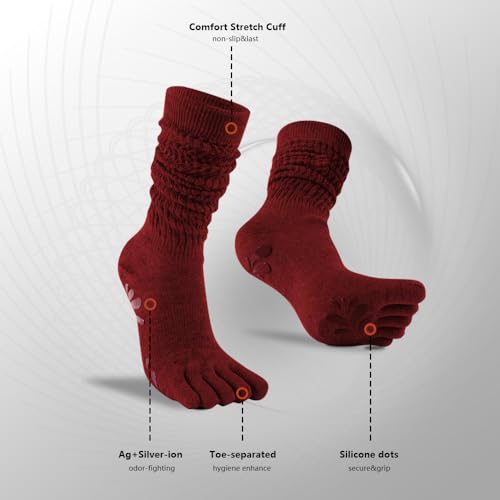 Image of Long Pilates Toe Socks for Women with Grips, Non-Slip Sticky Yoga Socks for Barre, Dance, Pilates Gifts (2 Pairs，Red /Black)