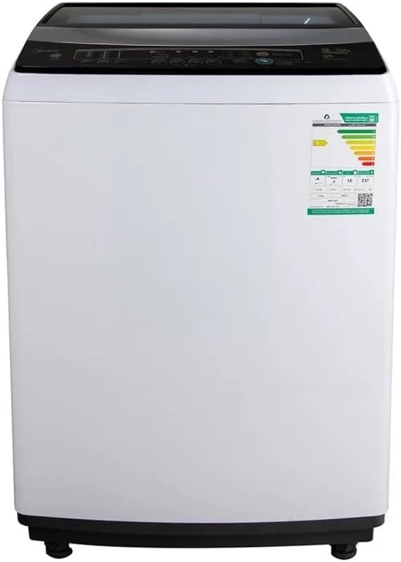 Davant view of the Midea 10 kg Top Load Washing Machine, displaying the control panel and energy efficiency label.