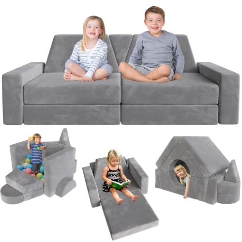 Image of YEFU 15pcs Modular Kids Play Couch,1000+ Imagination Creative Play | for kids ages 1+,7 shapes,countless configurations,30D high-density foam,fort building,washable cover, playroom,birthday gift