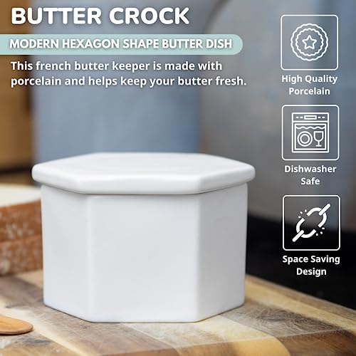 French Butter Crock W/Lid & Wood Spreading Knife - White Bell Shape Butter Keeper For Counter - Modern Hexagon Shape Butter Dish - Stoneware Butter Crock - Dishwasher Safe Bell Style Butter Storage #TOP2