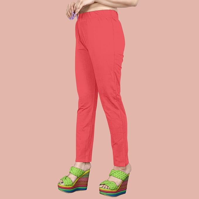Image of Women's Solid Cotton Lycra Pants-High Waist Slim Fit Stretchable Leggings - Comfortable Long Trousers for Casual, Office & Everyday Wear