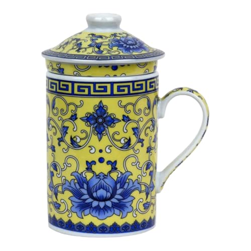 Tasse à thé en céramique avec couvercle et passoire pour thé en vrac - Motif asiatique (nénuphar bleu, 500) - Tasse chinoise japonaise pour les amateurs de thé - Cadeau asiatique - Avoine