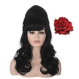 ATAYOU Black Beehive Updo Wig with Clip in Red Rose Flower,Long Wavy Black Updo Wig with Bang Big Bouffant Vintage Black Wigs for Women Halloween Cosplay Costume Wig (Black 707)