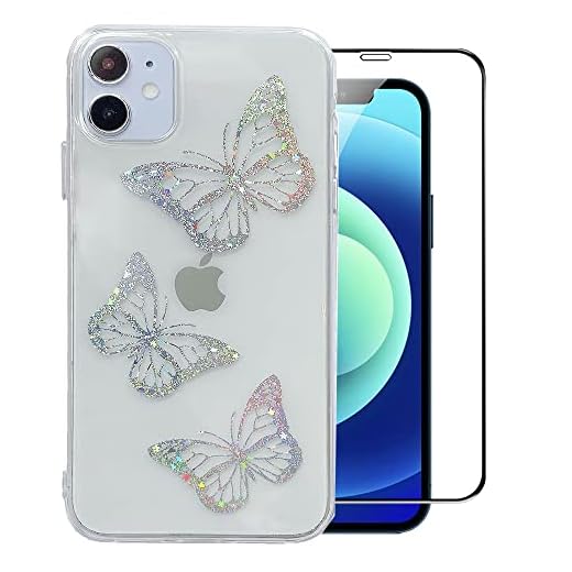 LUSAMYE Compatible with iPhone 12 and iPhone 12 Pro Case with Screen Protector,Clear Cute Butterfly Design Soft TPU Electroplated Cover Bling Glitter Cool Slim Trendy Pattern for Girl Women Phone Case
