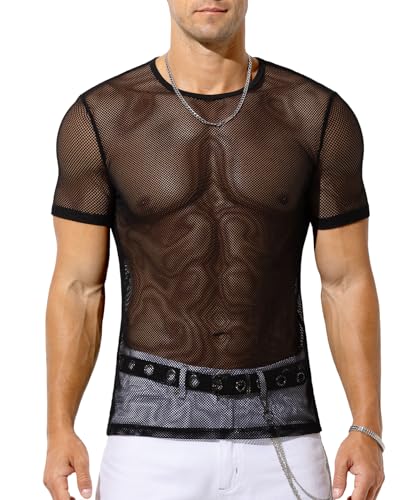 Casey Kevin Men's Mesh Fishnet Top See Through Short Sleeve T-Shirt Breathable Summer Tee for Commute/Music Festival/Streetwear/Gym，Black，Large