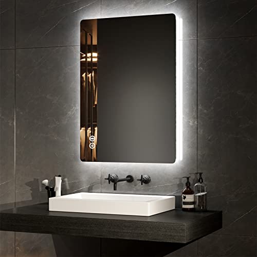 EMKE LED Backlit Bathroom Mirror with Bluetooth, 500x700mm Wall Mounted Multifunction LED Bathroom Vanity Mirror with Shaver Socket | LED Lights | Demister Pad