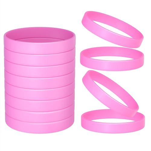 Image of Morcheiong 12 Pieces Silicone Bracelets- Pink Color Blank Rubber Wristbands for Adults Teen Party Favors