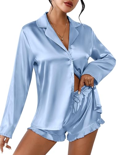 Image of Ekouaer Womens Satin Pajama Sets Long Sleeve Top and Shorts Lounge Set Button Down Sleepwear