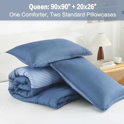 Litanika Comforter Set Queen Size Sapphire Blue - 3 Pieces Lightweight Sapphire Blue White Colorblock Stripe Fluffy Bedding Comforter Sets, All Season Bed Set