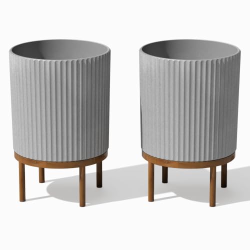 Image of Veradek Demi Series Raised Planter - Round Planter with Stand | Made From a Durable Plastic-Stone Composite & Comes With Wooden Stand. Modern Porch /Patio Decor