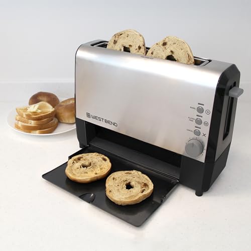 West Bend QuikServe Toaster, 2-Slice Wide-Slot Slide-Through Bread Toaster with Bagel and Gluten-Free Settings and Cool-Touch Exterior Fast Toasting, Includes Removable Serving Tray, 1400-Watts, Silver