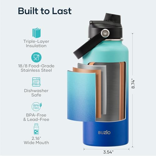 Image of BUZIO Insulated Stainless Steel Water Bottle 32 oz with Straw & Spout Lids
