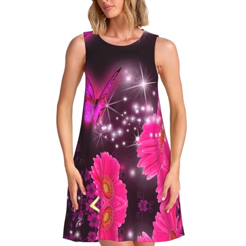 Robe imprimé papillon rose et fleurs violettes coupe t-shirt décontractée avec poches