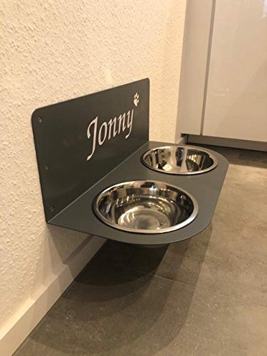 schmeck.bar Futterstation Futterbar erhöhter Futterspender kleine mittlere große schreckhafte Hunde mit Näpfen stabil hochwertig Wand (GRAU MATT, B: 480 x 212 x 262 mm - Napf 2X M)