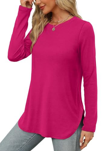 Image of XIEERDUO Womens Long Sleeve Round Neck Shirts Side Split Basic Loose Tunic Tops Casual 2026