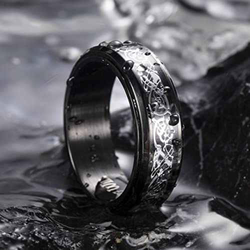 Image of King Will 316L Stainless Steel Spinner Ring for Men Women- 8mm Width Fidget Ring with Dragon /Celtic Knot Pattern, Stress Anxiety Relief Comfort Fit Wedding Band
