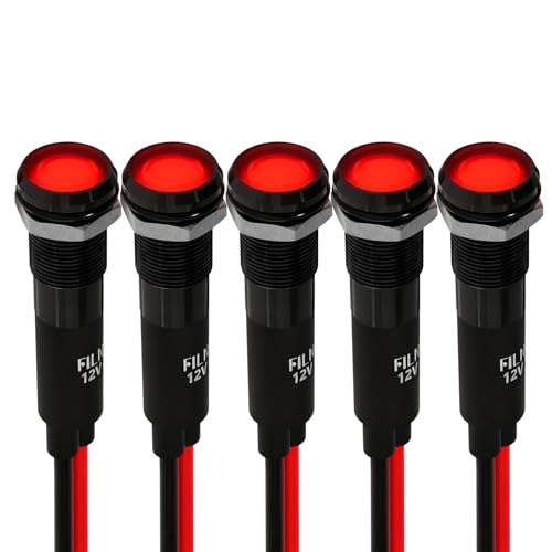 FILN 5個8mm 12-24V 表示灯LEDライト、車内用小型LEDライト、防水信号ランプ パイロットダッシュ方向指示灯 トラック・ボート用 配線付き-亜鉛アルミニウム合金（赤）