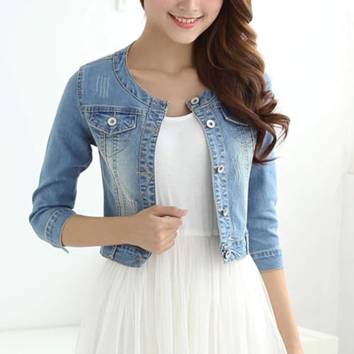 Women's Short Denim Jacket Round Neck Denim Three Quarter Sleeves Light Blue Jacket3