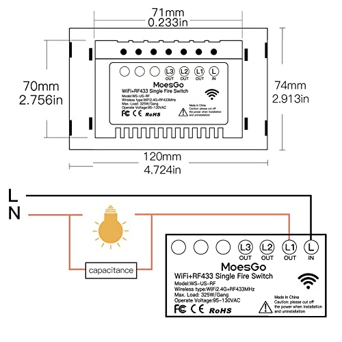 Image of MoesGo 2nd Generation WiFi RF433 Smart Touch Wall Single Fire Smart Switch,No Neutral Wire Needed Compatible with Smart Life /Tuya App, Works with Alexa and Google Home Single Pole 110V Black 1 Gang