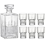 Bormioli Rocco Bartender Novecento Stackable 7-Piece Liquor Set, Includes 1 Decanter and 6 Shot Glasses for Liquor and Spirits, Clear