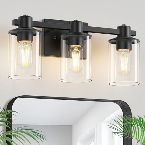 Image of L LOHAS LED 3-Light Black Bathroom Light Fixtures Over Mirror, Modern Matte Black Vanity Light with Clear Glass Shade, Vanity Lights for Bathroom Bedroom Hallway