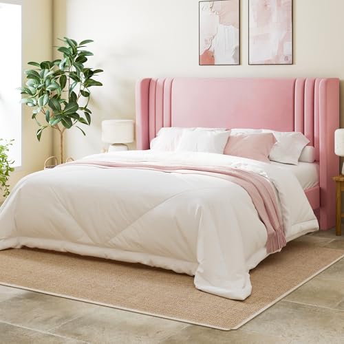 Allewie Full Size Velvet Platform Bed Frame with Vertical Tufted Wingback Headboard Easy Assembly Under Bed Storage No Box Spring Required Modern Style Pink