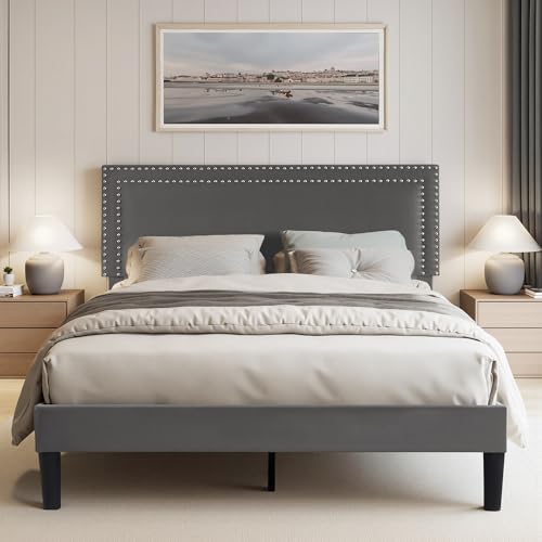 VECELO Polsterbett 140 x 200 cm Doppelbett Bettrahmen mit Höhenverstellbarem Kopfteil, Gepolstertes Bettgestell mit Lattenrost, Samtbezug, für Erwachsene & Jugendliche, Ohne Matratze, Grau