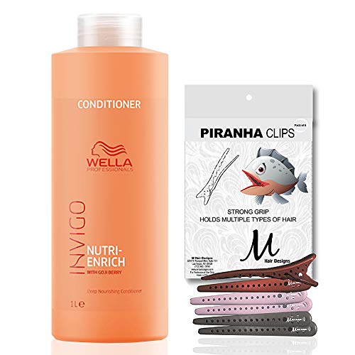 Wella Invigo Nutri-Enrich Conditioner Deep Nourishing with Goji Berry 1 Liter, Instantly Moisturizes Dry or Stressed Hair and M Hair Designs Piranha Clips Assorted (Bundle - 2 items)