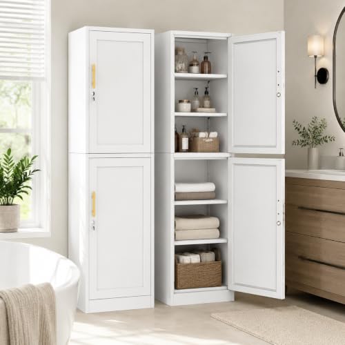 Image of Metal Locker Storage Cabinet Tall Narrow Storage Cabinets with Adjustable Shelves and for Home Office, Living Room, Dining Room (White 2 Door)