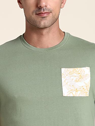 Image of Dennis Lingo Men's Poly Cotton Regular Fit Solid with Printed Patch Pocket Half Sleeve Round Neck T-Shirt