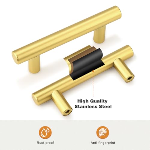 Image of Probrico 5 Pack 2-1 /2 inch Center-to-Center Kitchen Cabinet Pulls T Bar Gold Cabinet Handles Modern Drawer Hardware Dresser Pulls, 4 inch Total Length