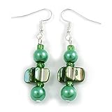 Pendientes de gota de cristal verde y cuentas de concha con cierre de tono plateado, 6 cm de largo