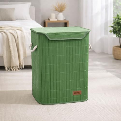 Image of Amazon Brand - Umi Rectangle Bamboo Laundry Basket for Clothes with Lid Strap Lock | Eco-Friendly, Foldable & Lightweight Organizer (Green, 40x30x50 cm, Pack of 1)