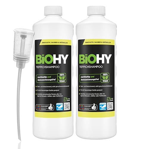 BiOHY Champú para alfombras (2 botellas de 1 litro) + Dosificador | Limpiador de alfombras concentrado | elimina las manchas rebeldes | bien tolerado por los animales (Teppichshampoo)