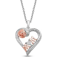 Jewelili 14K Rose Gold Plated Sterling Silver Open Heart Mom Rose Pendant Necklace for Women | Natural White Round Diamonds | 18" Rolo Chain | Jewelry Gift with Gift Box