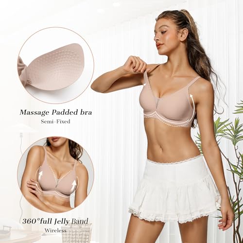 OEAK Comfort Bras for Women Wireless Non Wired Push Up Bralettes Soft V Neck lace Bra Scalloped Full Coverage Seamless Bra,Beige,M - Image 2