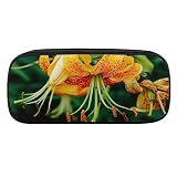FIONEL Orange-yellow-flower PU Leather Quad Pen Case Zipper Pencil Pouch Holder for Pens Case Office