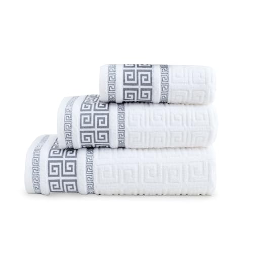 BESCH Set de 3 Toallas Diseño Greco Reversible – Algodón 100% Extra Suave y Absorbente – Tamaños: 30x50, 50x90 y 100x150 cm (Greco Blanco)