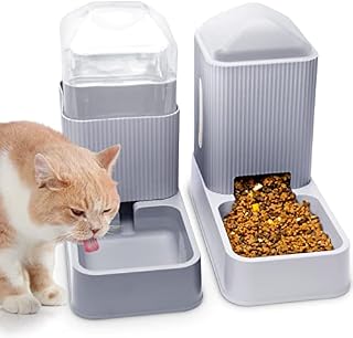 Automatic Cat Feeders Automatic Dog Feeder with Dog Water Bowl Dispenser 2 Pack Cat Feeder and Cat Water Dispenser in Set 1 Gallon for Small Medium Dog Puppy Kitten(gray)