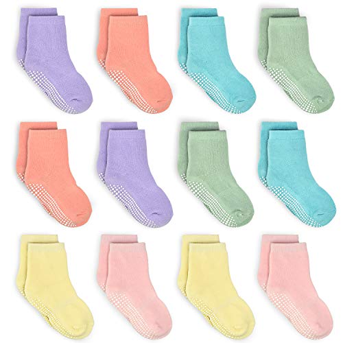 Kids Non Slip Toddler Girls Grip Socks 12 Pairs Anti Skid Sticky Socks for 1-3 Years Infants Baby Children