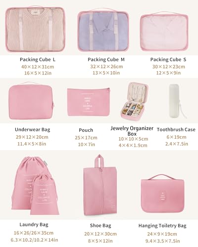 Packing Cubes 11 Set, Suitcase Organizers, Luggage Organizer Bags, Packing Cubes for Travel, with Toiletry Bag, Travel Essentials,Pink2