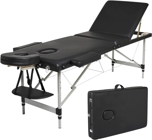 Massage Table Portable Massage Bed 3-Section Portable Folding SPA Lightweight Spa Tattoo Couch Bed 3/2 Zones with Height-Adjustable with Carry Bag Aluminum Feet (Black)