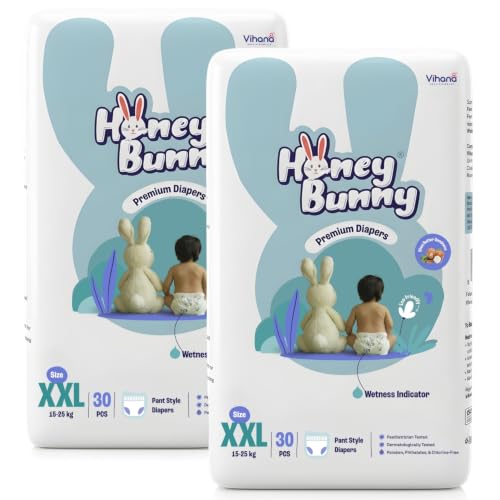 Image of Honey Bunny Premium Diaper pant | XXL Size | 30 Pack | Ultra thin | Cottony Super Soft | Super Fast Absorption | shea butter | 15-25 Kg | Pack of 2