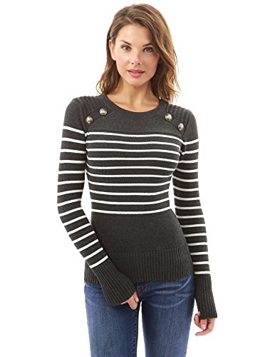 PattyBoutik Women Crewneck Striped Military Sweater (Dark Gray and Ivory Large)