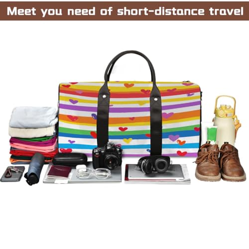 Rainbow Stripe Love Heart Travel Duffel Bag Sports Tote Gym Bag Waterproof Tear-Resistant Carry On Overnight Bag Foldable Weekender Bag for Gym Travel Getaway Beach Sports4