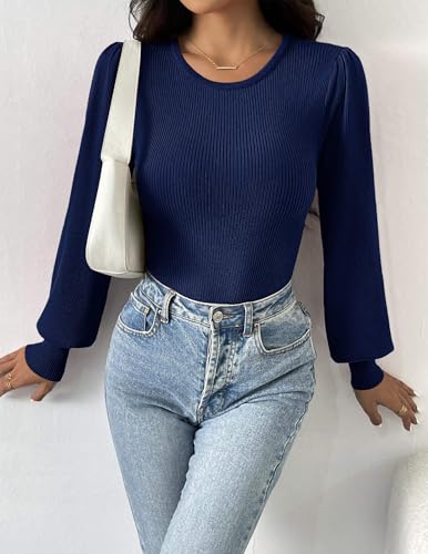 Image of Zeagoo Womens Sweaters Long Sleeve Bodysuits 2026 Fall Crewneck Puff Knit Pullover Tops