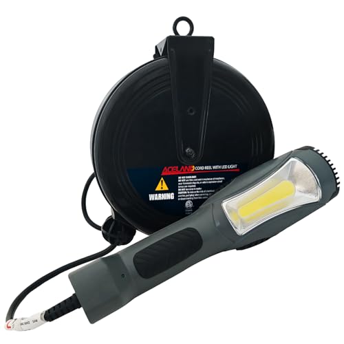 Aceland Portable Corded LED Work Light with 30 Feet Retractable Cord Reel 1600 Lumens 116AWG 3C SJTW Cord Handheld Outdoor Work Light UV and Weather Resistant Magnetic Mount UL Listed