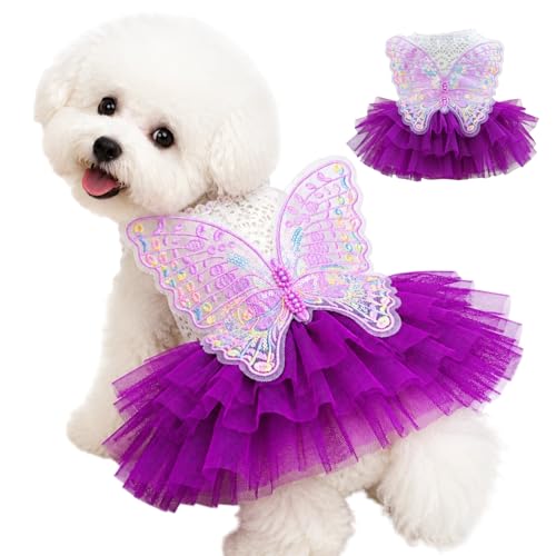 Dog Fairy Costume with Butterfly Wings Cat Princess Dress for Small Dogs Girls White Lace Knit Top and Purple Tulle Skirt Fairy Wings for Dogs Halloween Outfit 8.3-10lbs (Purple M)